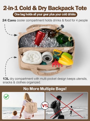 Odoland 2-in-1 Beach Cooler Bag-24 Can + 13L Dry Storage 12H Insulated