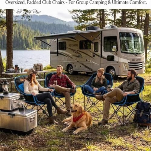 EMERIT 2 Pack Oversized Padded Camping Chair for Big Tall Adults, 500 LBS Heavy Duty Foldable Quad Lawn Chair, 19.68" High Seat, 4-Layer Cushion, Cup Holder, Camping Tailgating Backyard Patio, Blue