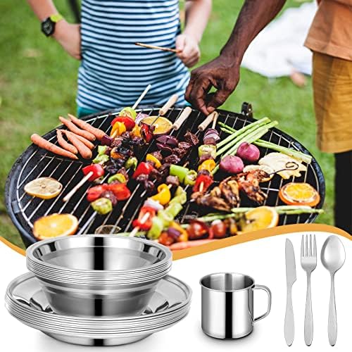 58 Pcs Camping Plates Cups and Bowls Set, Stainless Steel Dishes Mess Kit Utensils Tableware with Spoons Forks Knives Storage Bags for 8 Person Outdoor Camping Backpacking Hiking Travel Picnic