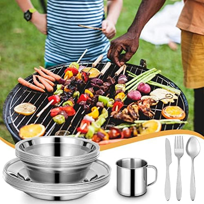 58 Pcs Camping Plates Cups and Bowls Set, Stainless Steel Dishes Mess Kit Utensils Tableware with Spoons Forks Knives Storage Bags for 8 Person Outdoor Camping Backpacking Hiking Travel Picnic