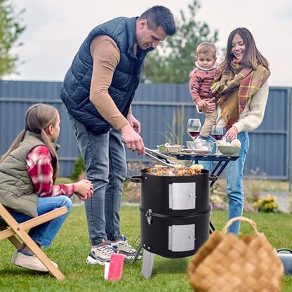 32" Portable Steel Barrel Charcoal Grill,Metal Outdoor Barbecue Smoker,Heavy Duty Outdoor BBQ Grill,Vertical Camping Barbecue Grill,with Thermometer,for Garden Patio Beach Backyard (Black)