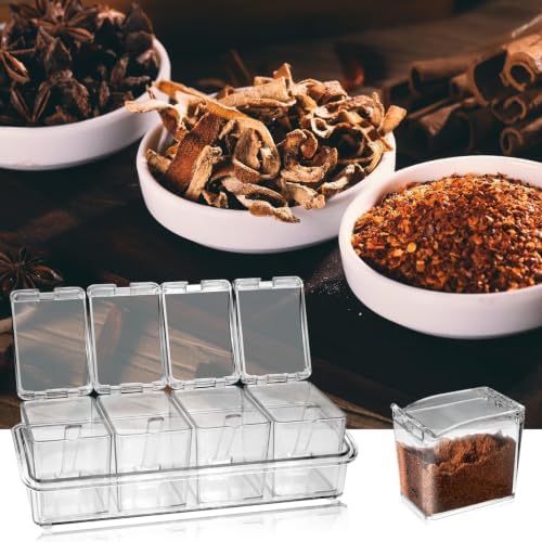 4 Cell Clear Seasoning Box with Spoons, Salt and Pepper Caddy with Tray