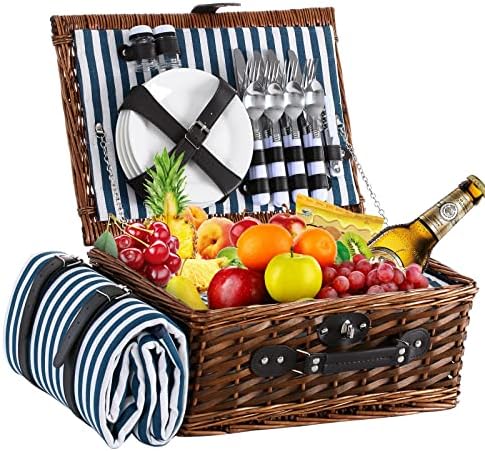 Wicker Picnic Basket for 4 with Blanket and Insulated Cooler