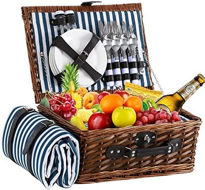 Wicker Picnic Basket for 4 with Blanket and Insulated Cooler