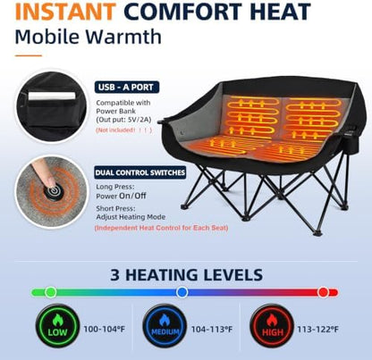 Heated Double Camping Chair - Oversized Padded Loveseat for Adults