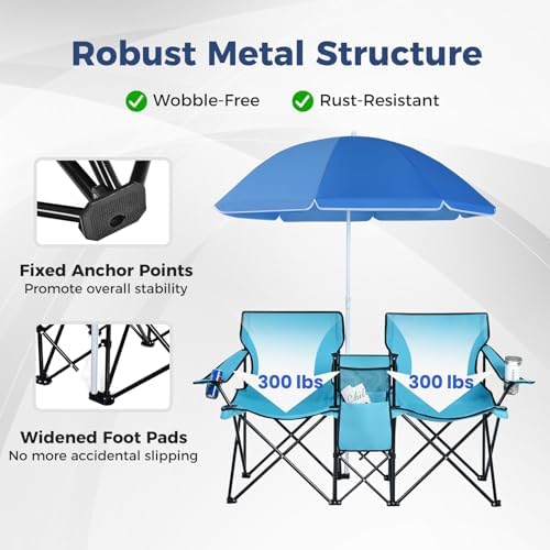 Goplus Double Camping Chairs with Umbrella, Cooler for Beach Patio