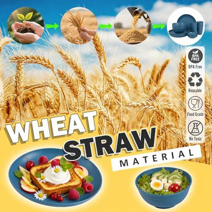 16 PCS Wheat Straw Plates and Bowls Sets,Kids Dishes Dinnerware Sets for 4,Unbreakable Kitchen Plates and Bowls Set for Travel Dishwasher & Microwave Safe Lightweight Dishes Set - DeepBlue