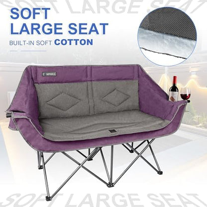 Oversized Double Camping Chair-Heavy Duty 2 Person Folding Loveseat Camp Couch for Adults,Portable Outdoor Lawn Chairs with Padded Seat for Fishing,Sports and Patio,Supports 500 LBS,Purple