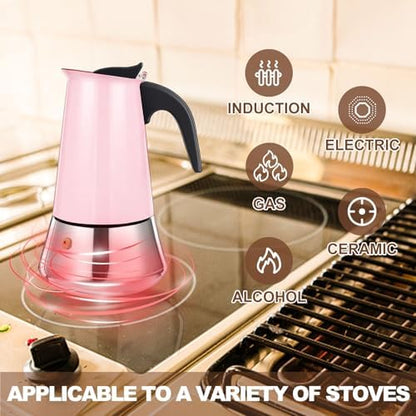 4 Cup Stovetop Espresso Maker Stainless Steel Moka Pot Stove Top Percolator Italian Coffee Makers Capable Mocha Greca Machine Cafe Classic Induction Cookers for Home and Camping 200ml 6.6oz