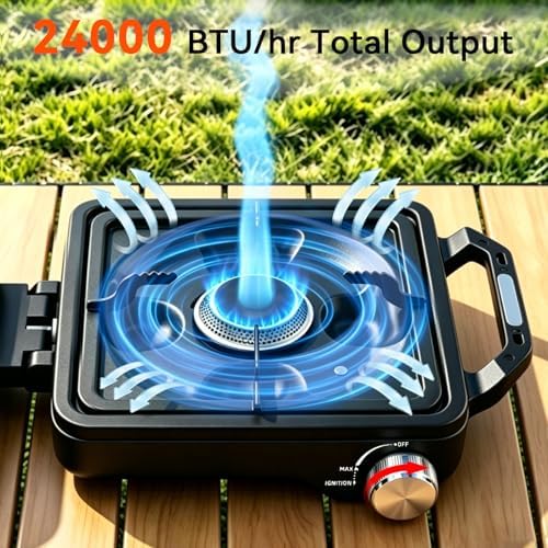 2 Burner 24000 BTU Propane Camping Stove, Foldable Camp Stove with 2-in-1 Frying Pan & Pot, Adjustable Burner Dual Gas Stove,Camp Cooking Set with Windshiel, Carry Bag for Tailgating, Picnic, Black