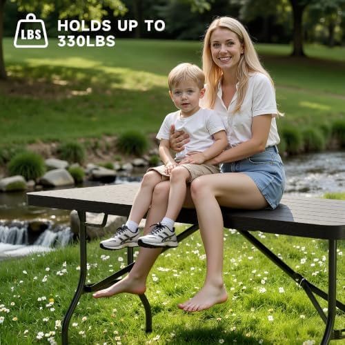 Heavy Duty Folding Table, Sturdy Portable Foldable Table with Safety Lock, Indoor Outdoor Use for Camping Party, 6/8 Foot (Standard, Black-Wood Grain, 6FT-1 Pack)