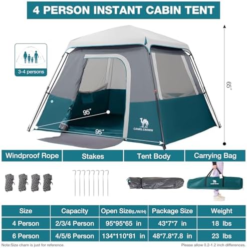 CAMEL CROWN 4/6 Person Instant Cabin Tent, Pop Up Windproof Tents for Camping, 60-Second Setup Family Tent with Carry Bag for Outdoor Hiking