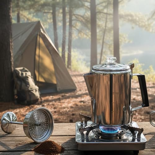 Cididu Camping Coffee Pot Stainless Steel, Coffee Pot Outdoors, Durable Stove Top Brew Coffee Maker on Fire, Ideal for Group Camping, Hiking, Backpacking, RV and Travel, 9 Cups