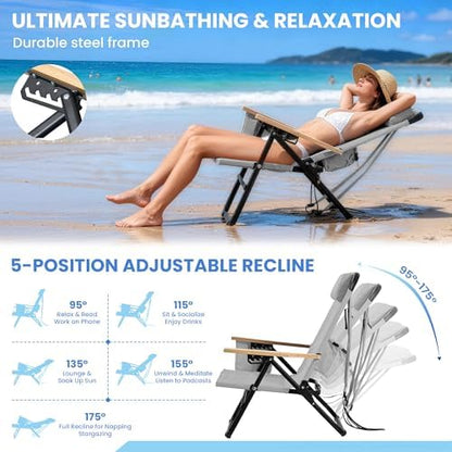 2 Pack Premium 5-Position Reclining Camping Chair - Portable Folding Lightweight Outdoor Chair with Wooden Armrests, Headrest & Pockets, 350lbs Heavy Duty for Beach, Patio, Light Grey