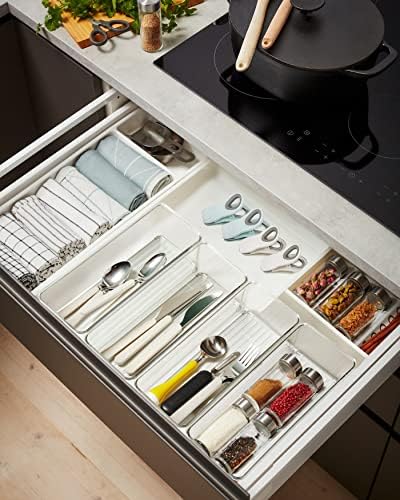 Hudgan 8 Pack Clear Plastic Drawer Organizer Bins Set, Stackable Cutlery Storage Bins Trays for Organizing Kitchen, Bathroom, Office, Crafts, Gadgets, Cabinet Supplies
