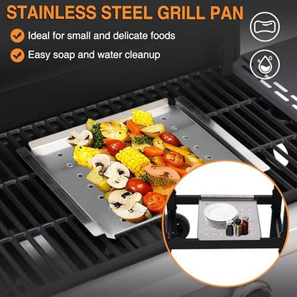 4 Burner Propane Gas Grill, Portable BBQ Grill with Cast Iron Grate & Griddle Pan, Folding Side Table for Camping Backyard, 40000 BTU Easy-Clean Outdoor Cooking