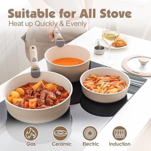SENSARTE 24 Piece Ceramic Detachable Handle Pots and Pans Set Almond Beige