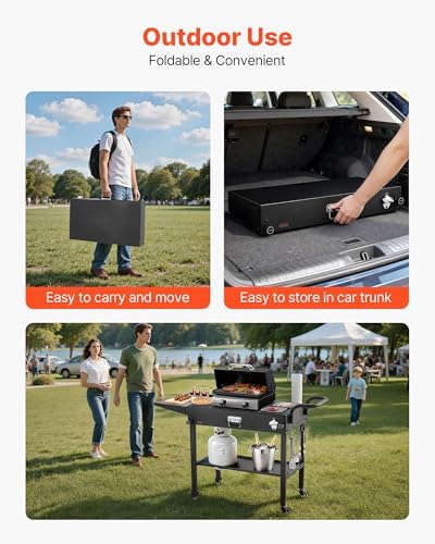VEVOR Outdoor Grill Cart, 31.0 x 17.0 inch Tabletop Size Grilling Table, Foldable Outdoor Cooking Table with Tissue Holder, Hooks, Wheels, Side Table, BBQ Prep Tables for Picnic, Kitchen, Courtyard