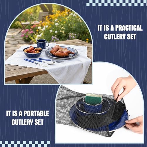 LemonRoad 9 Pcs Camping Enamel Plates Cups and Bowls Set Camping Mess Kit, Enamel Bowl Mug Plate Knife Fork Dishwashing Sponge Utensil Bags Storage Straps Lightweight Tableware for Backpacking Hiking