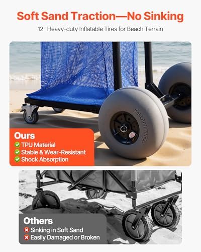 VEVOR Beach Cart with Large Wheels for Sand, 165 lbs Load Capacity, Heavy Duty Folding Beach Wagon with 12" Balloon Wheels, Storage Bag, 180° Adjustable Handlebar, Dolly for Camping Fishing Garden