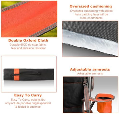 Oversized Padded Camping Chairs for Adults,Heavy Duty Support 400 Lbs,Folding Portable Lawn Chair w/Cup Holder,Cooler Bag,Side Pocket,Perfect for Outdoor Picnic,Hiking(Orange)