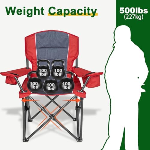 Oversized Padded High Back Camping Chairs,2 Pcs Heavy Duty Folding Chairs Support 500LBS with Cooler Bag,Cup Holder Cooler Bag, Collapsible Chairs for Outdoor, Tailgate, Fishing, Red