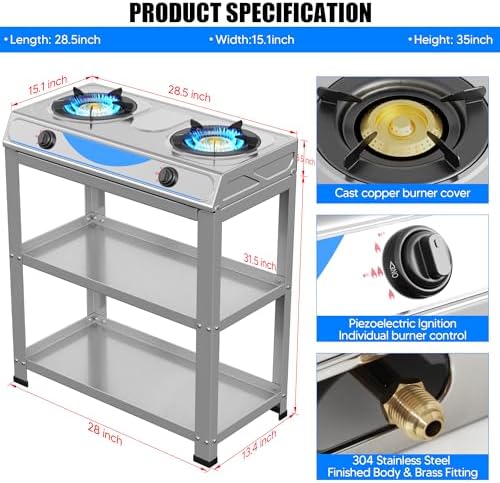 Propane Gas Stove,2 Burner Propane Burner, with Removable Leg,Auto Ignition Camping Stove,Portable Gas Stove for RV, Apartment, Outdoor