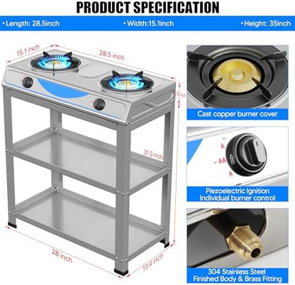 Propane Gas Stove,2 Burner Propane Burner, with Removable Leg,Auto Ignition Camping Stove,Portable Gas Stove for RV, Apartment, Outdoor