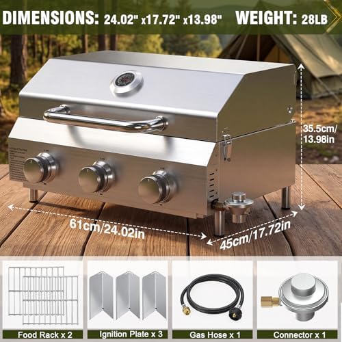 Bestfire 3-Burner Tabletop Gas Grill, Dual Connections, 30,000 BTU Portable Propane Grill, Knobs&Stainless Steel Grates, Compact & Detachable Legs for Camping, RV, BBQ