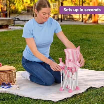 Bright Starts Pop 'N Sit Cabana Baby Beach Portable Booster Chair with UPF Canopy, Floor Seat for Indoor/Outdoor Use, Compact Fold, Pink, 6 Months–3 Years