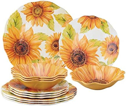 UPware 12 Piece Sunflower Melamine Dinnerware Sets, Outdoor Dishes Set, Plates and Bowls Sets, Service for 4, Yellow