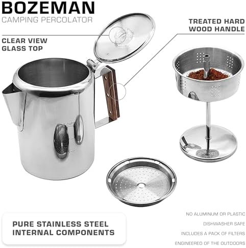 COLETTI Bozeman & Scouts Coffee Set — Percolator Coffee Pot Camping Coffee Maker & Double Wall Stainless Steel Cups — NO Aluminum or Plastic [9 Cup Percolator, 10 oz Cups]