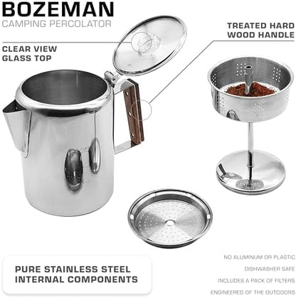 COLETTI Bozeman & Scouts Coffee Set — Percolator Coffee Pot Camping Coffee Maker & Double Wall Stainless Steel Cups — NO Aluminum or Plastic [9 Cup Percolator, 10 oz Cups]