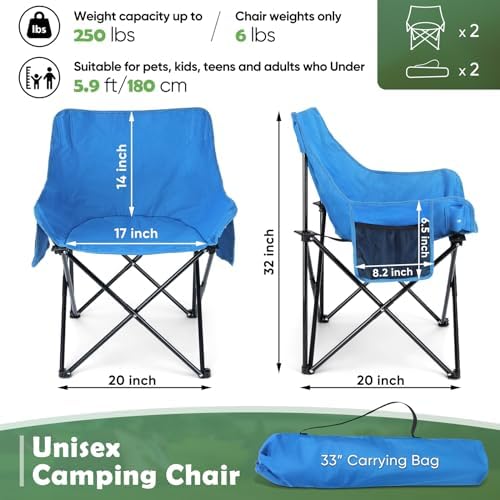 HaSteeL Camping Chair for Adults, Compact Folding Portable Chairs Set with Side Pockets for Outdoors Fishing, Hiking, Backpacking, Picnic, Beach, Travel, Supports to 250lbs, & Storage Bags (Blue)