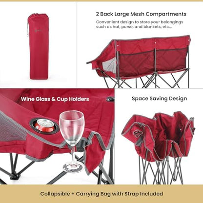 ARROWHEAD OUTDOOR Portable Folding Double Duo Camping Chair Loveseat w/ 2 Cup & Wine Glass Holder, Carrying Bag, Supports up to 500lbs