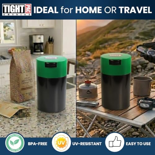 Tightvac - 1 oz to 6 ounce Airtight Multi-Use Vacuum Seal Portable Storage Container for Dry Goods, Food, and Herbs - Dark Green Cap & Black Body