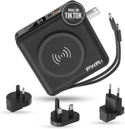 PWR Travel PRO 5-in-1 Power Bank – 10,000mAh with Built-in Cables – 20W USB-C + 15W Wireless Charging – Compact Portable Charger for iPhone & Android- Black