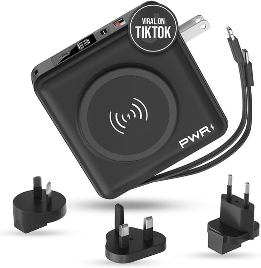 PWR Travel PRO 5-in-1 Power Bank – 10,000mAh with Built-in Cables – 20W USB-C + 15W Wireless Charging – Compact Portable Charger for iPhone & Android- Black