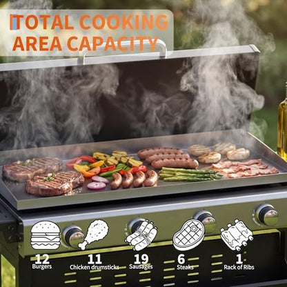 4-Burner Propane Gas Griddle – 32,000 BTU Convertible Flat Top Grill with Hood & Removable Cart – Portable for Camping, Tailgating, Backyard