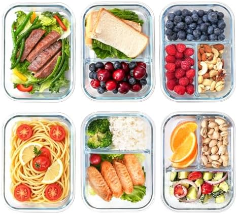Glass Meal Prep Containers with Dividers, 1 & 2 & 3 Compartments 6 Pack