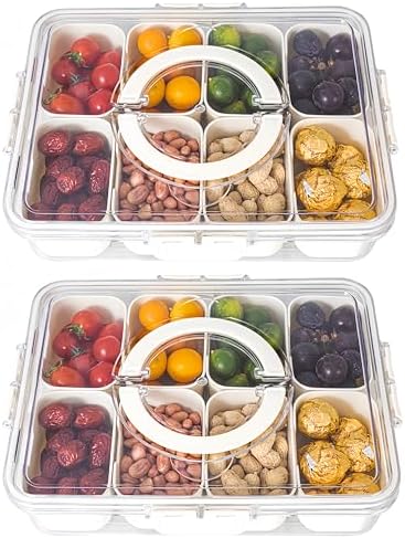 Dingerjar Divided Serving Tray with Lid and Handle - Divided Snack Tray for Portable Snack Platters - Clear Organizer for Candy, Fruits, Nuts, Snacks - Perfect for Party, Entertaining，2 pcs