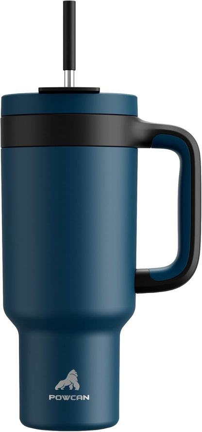 POWCAN 40 oz Tumbler with Handle, 2-in-1 Straw and Sip Lid, Leakproof, Dishwasher Safe, Insulated Stainless Steel Travel Coffee Mug, Keeps Cold for 34 Hours, Fits in Car Cup Holder (Deepsea)