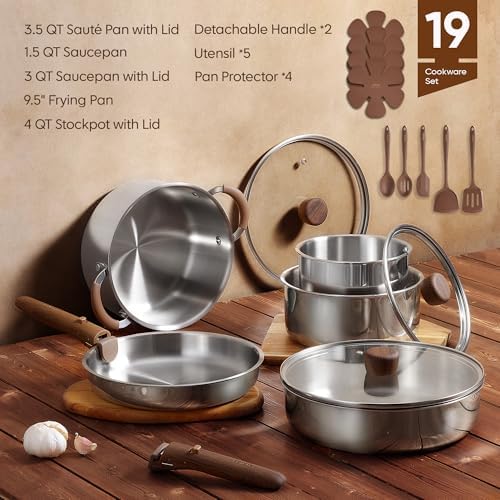 CAROTE 19pcs Tri-Ply Stainless Steel Cookware Set with Detachable Handle