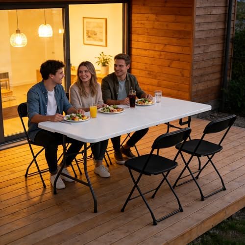 2 Pack 6ft Folding Table, Foldable Picnic Table Portable Table for Indoor Outdoor Use Heavy Duty Plastic Table Camping Table with Carry Handle for Party, BBQ, White