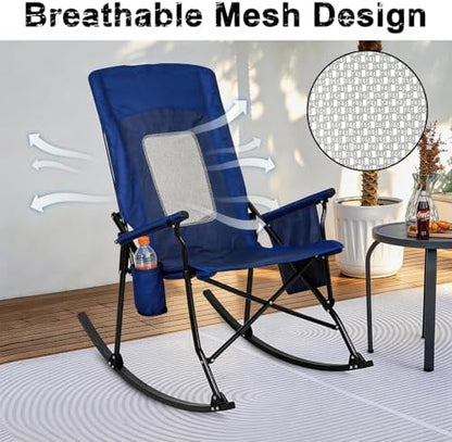 Romswi 2 Pack Rocking Camping Chair for Adult 400LBS Capacity, Heavy Duty Folding Rocking Chairs, Portable Outdoor Rocker with High Back & Hard Armrests for Camping, Beach, Patio, Backyard, Mesh Blue