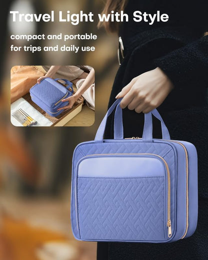 HOTOR Travel Toiletry Bag for Women & Men, Waterproof Makeup Bag with Hanging Hook and Multiple Pockets, Cosmetic Bags for Women, Travel Essentials, 11.2'' x 3.2'' x 8.9'', Aegean-Blue