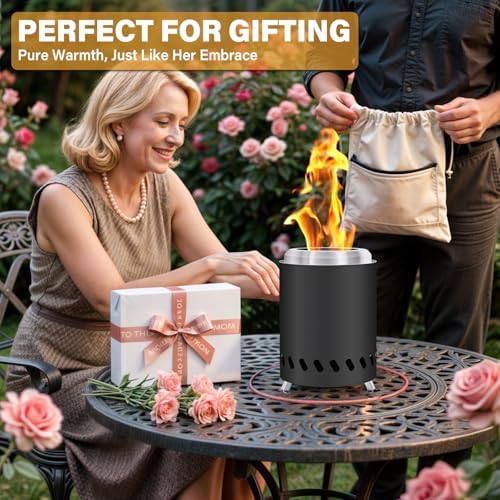 HGD Small Tabletop Fire Pit 8.0 x 5.5 in, Portable Mini Smokeless Table Top Firepit, Low Smoke Camping Stove for Outdoor/Patio, with Travel Bag & Forks, Fueled by Pellets/Wood, Stainless Steel, Black