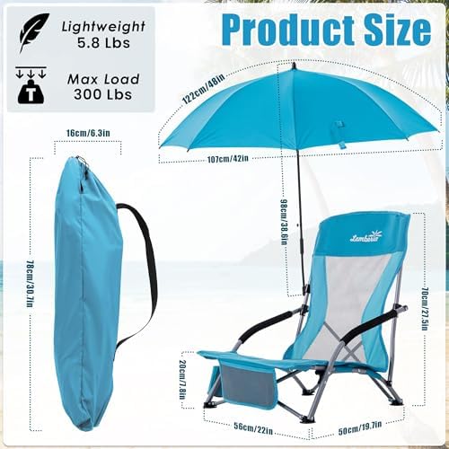 Lamberia Folding Beach Chair with Umbrella for Adults, Portable Low Beach Chairs with 300lbs Capacity, Lightweight Fodable Camping Chair for Travel, Picnic, Concert & Outdoor Activities, Blue