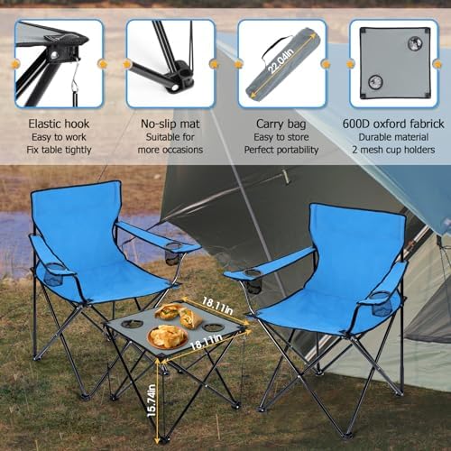 HaSteeL Folding Camping Chair Set of 3, Foldable Blue Camp Chairs & Grey Table, Large Lawn Chair Portable for Adults Hiking, Fishing, Picnic, Outdoor BBQ, Travel, Sports, Cup Holders & Storage Bags