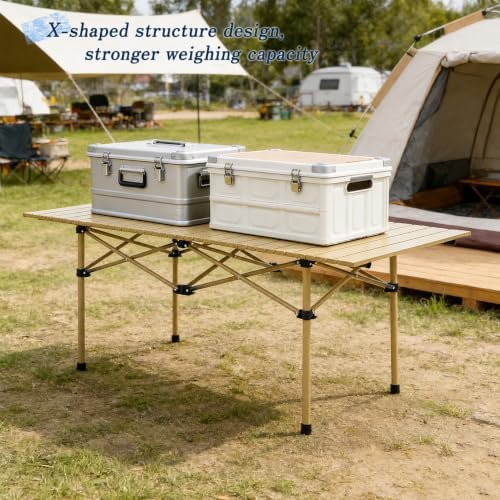 Camping Table with 6 Chairs, Portable Folding Picnic Table Set-Beige